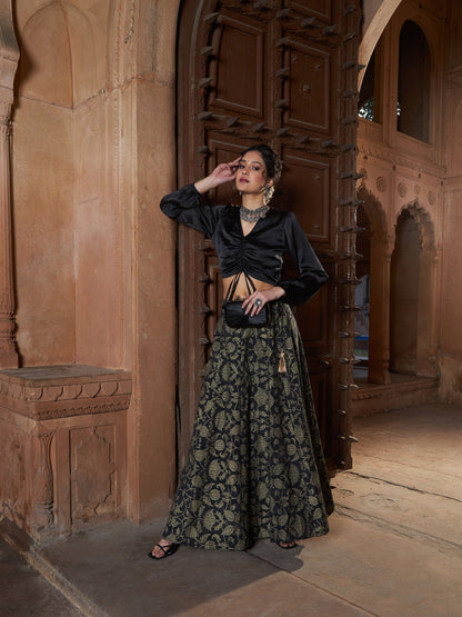 Women's Black Satin Ruched Crop Top With Brocade Skirt