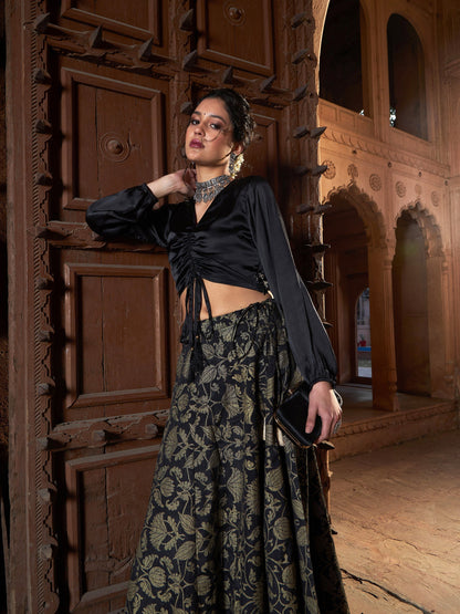 Women's Black Satin Ruched Crop Top With Brocade Skirt