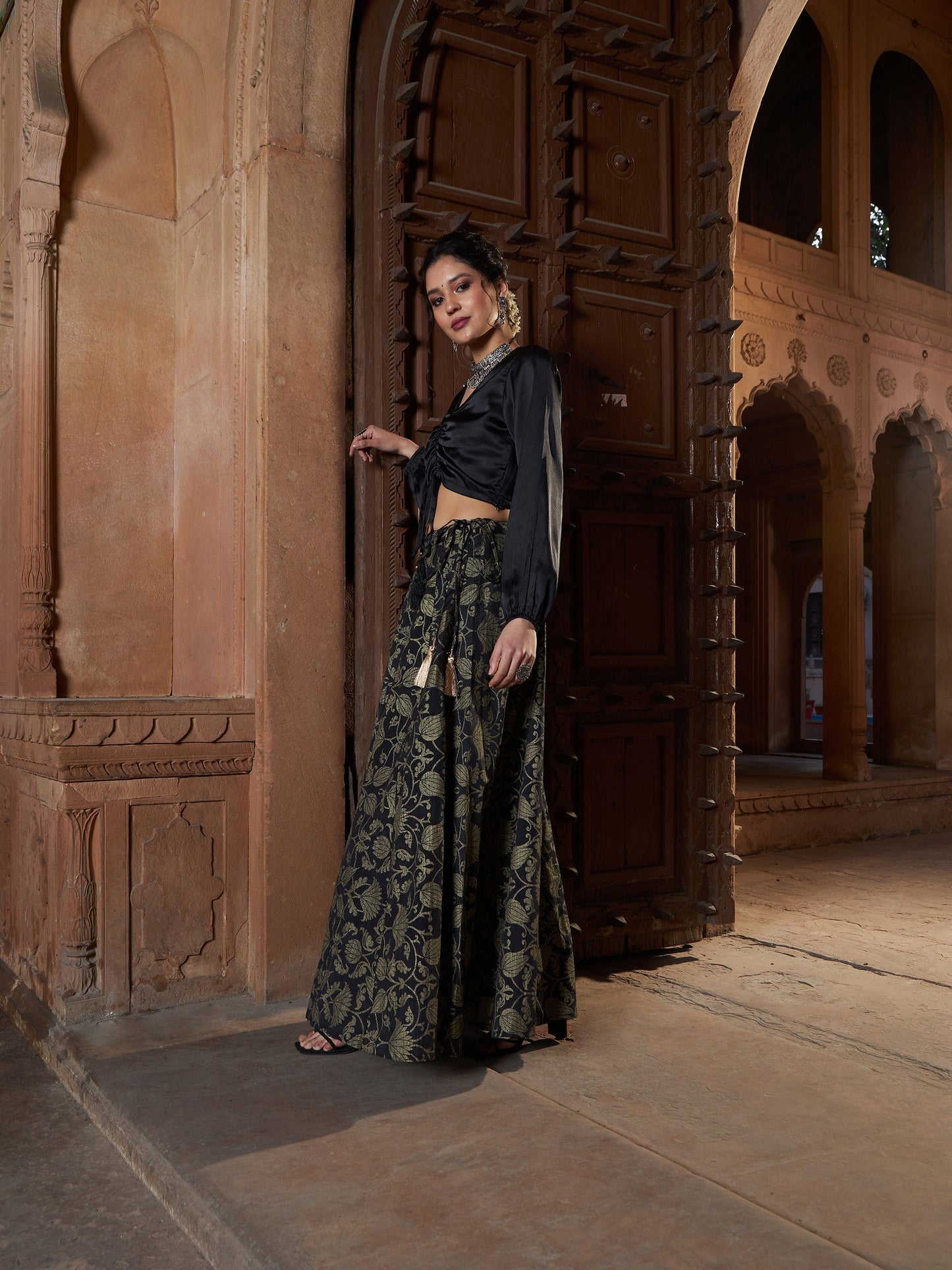 Women's Black Satin Ruched Crop Top With Brocade Skirt