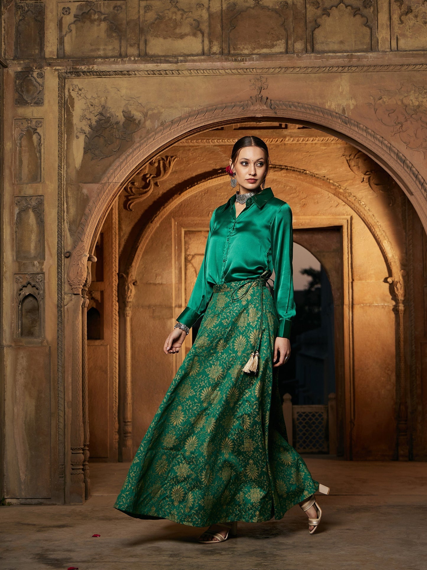 Women's Green Satin Shirt With Brocade Skirt