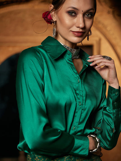 Women's Green Satin Shirt With Brocade Skirt