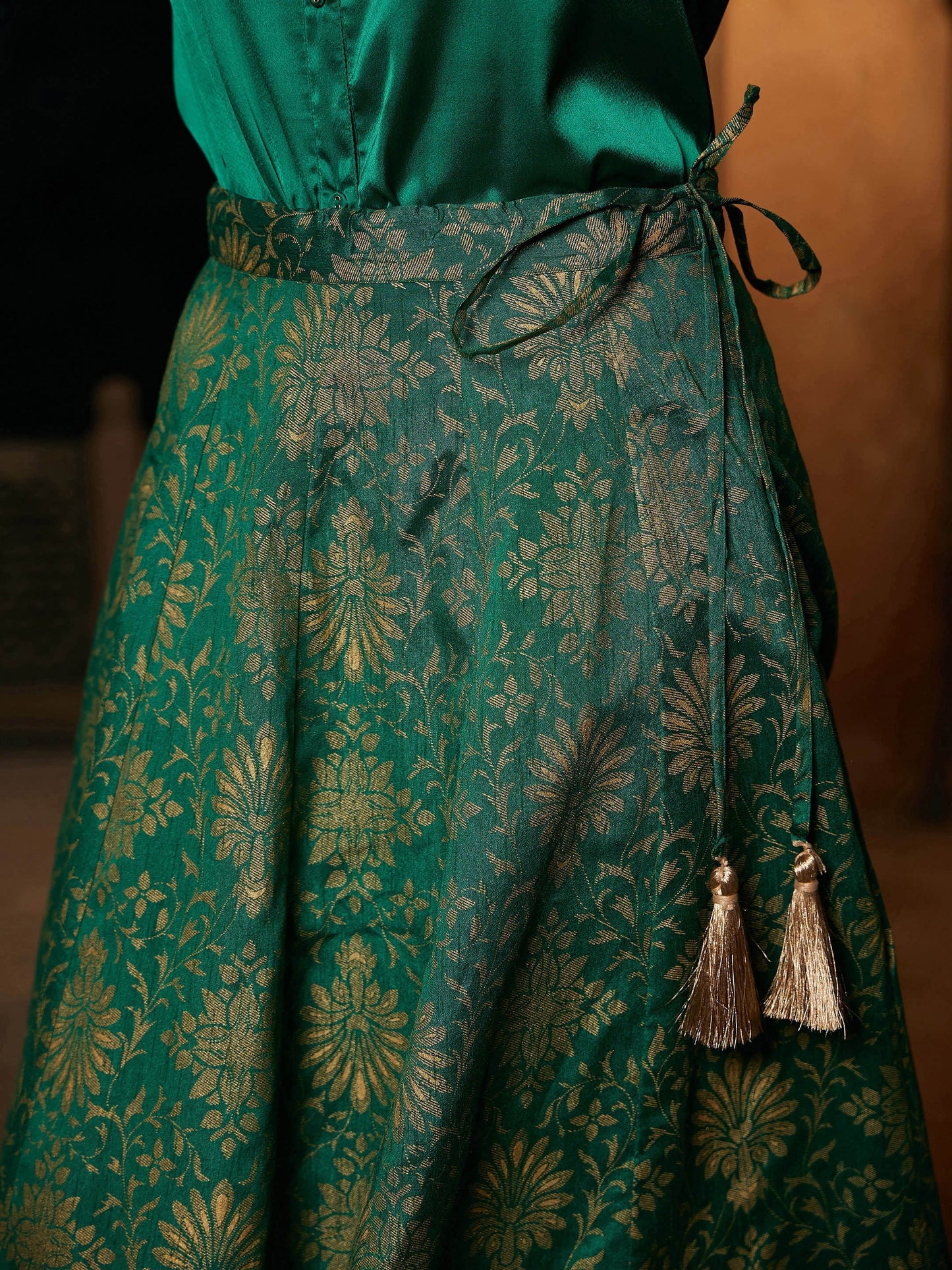 Women's Green Satin Shirt With Brocade Skirt