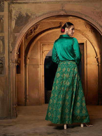 Women's Green Satin Shirt With Brocade Skirt