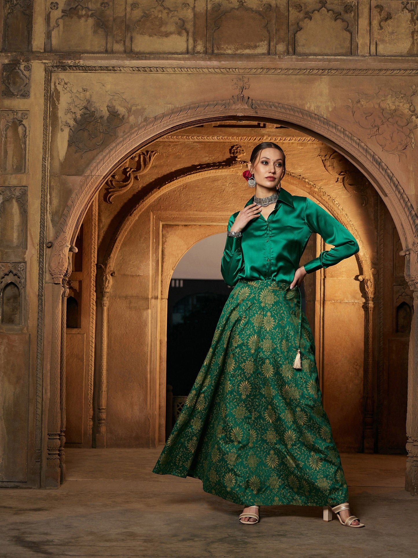 Women's Green Satin Shirt With Brocade Skirt