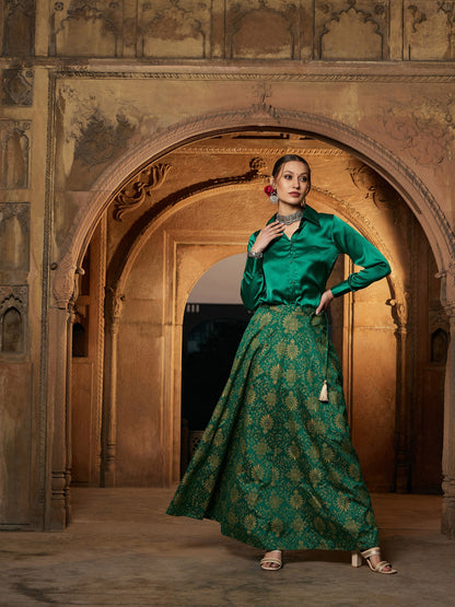 Women's Green Satin Shirt With Brocade Skirt