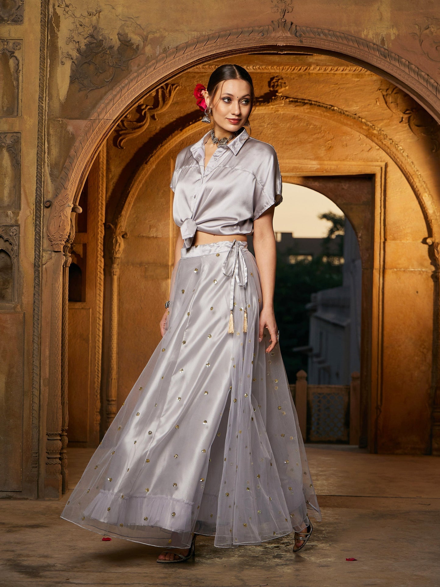 Women's Grey Satin Crop Shirt With Tulle Sequin Skirt