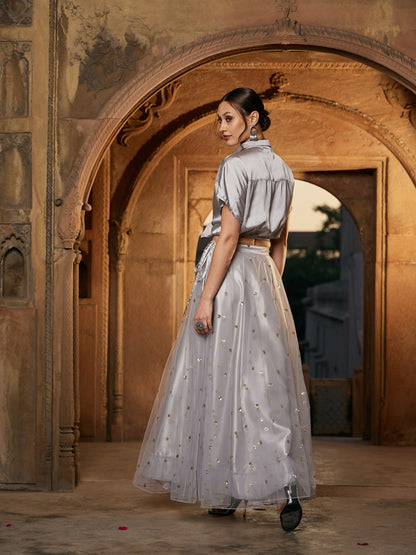 Women's Grey Satin Crop Shirt With Tulle Sequin Skirt