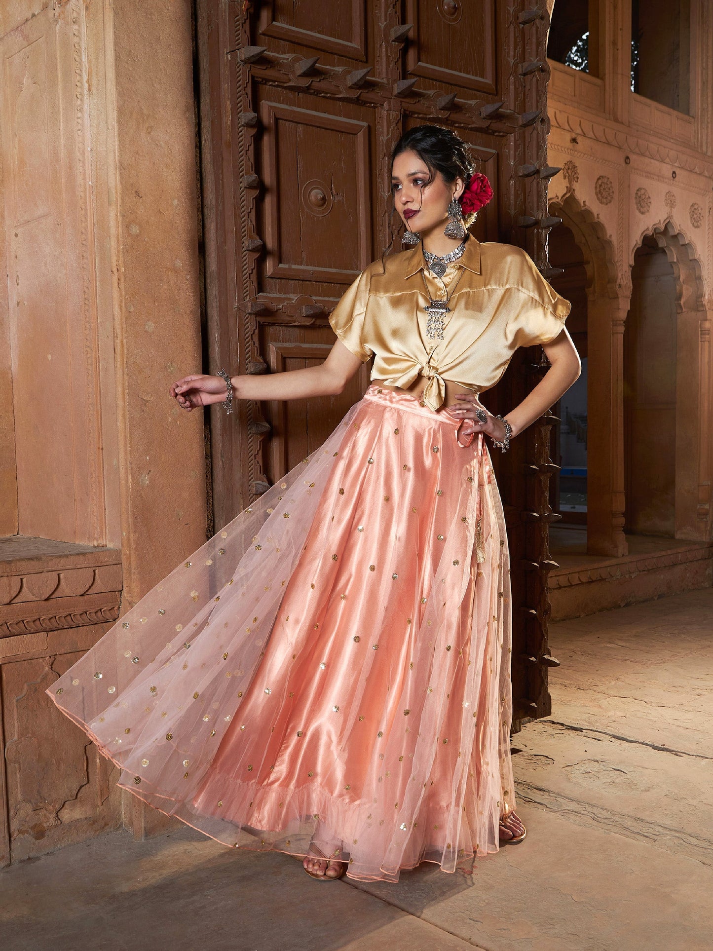 Women's Gold Satin Crop Shirt With Peach Tulle Sequin Skirt