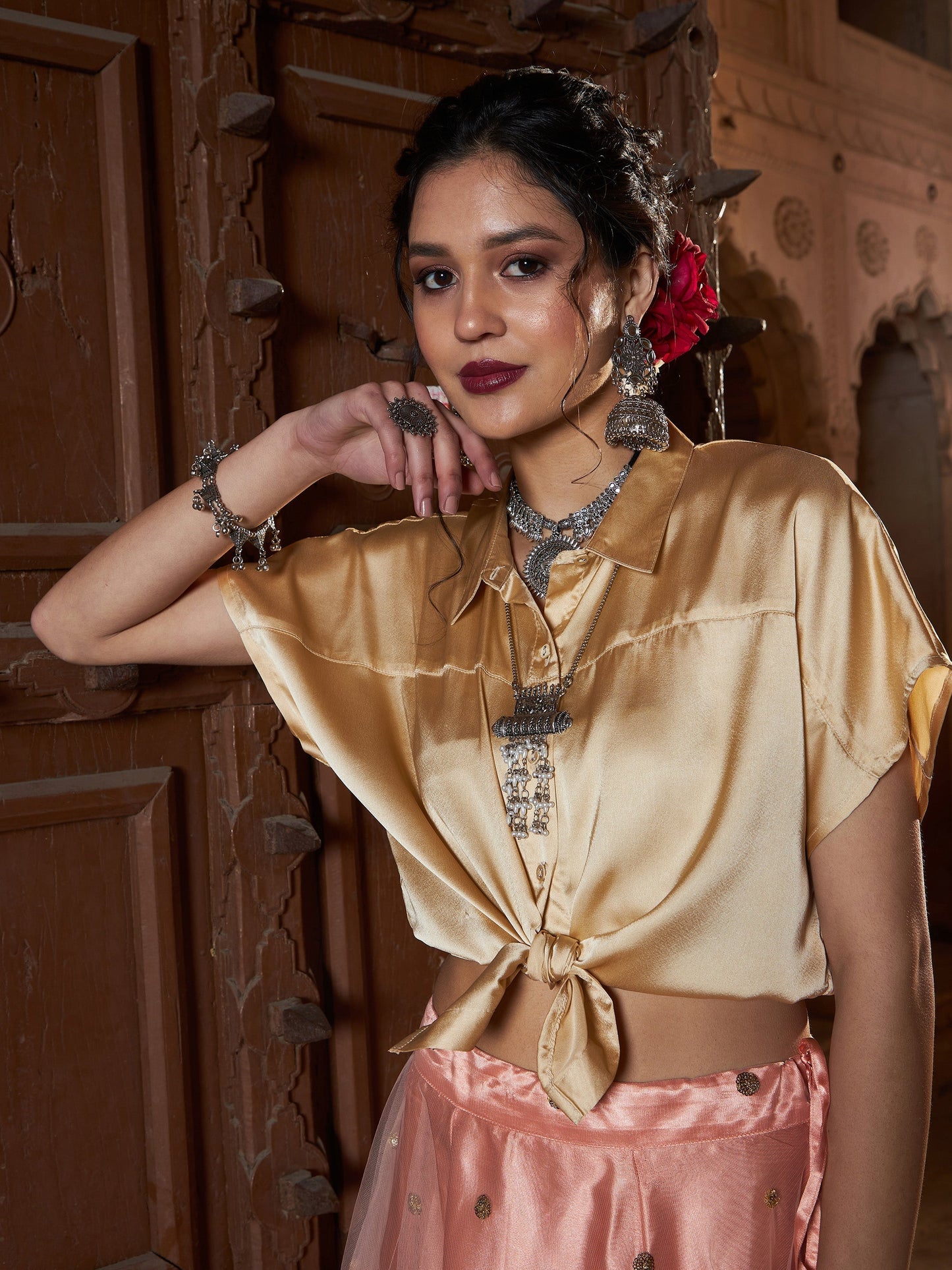 Women's Gold Satin Crop Shirt With Peach Tulle Sequin Skirt