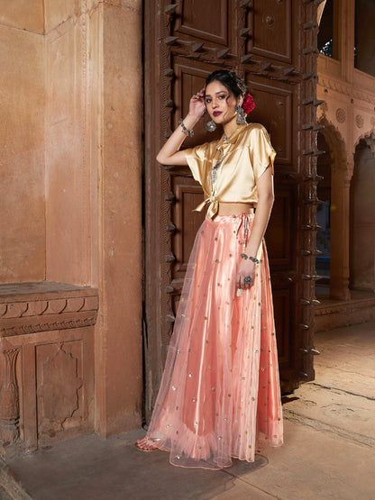 Women's Gold Satin Crop Shirt With Peach Tulle Sequin Skirt
