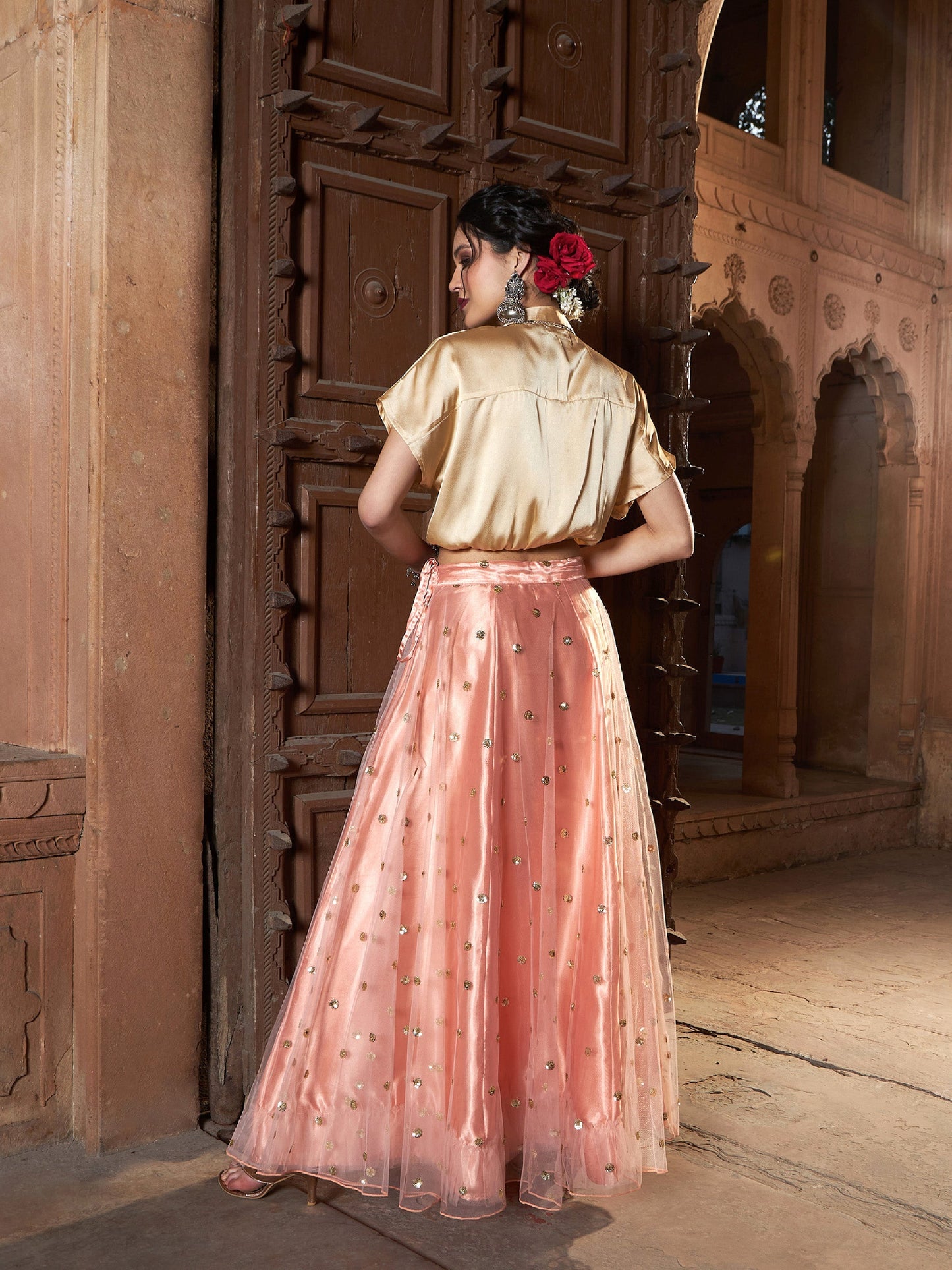 Women's Gold Satin Crop Shirt With Peach Tulle Sequin Skirt