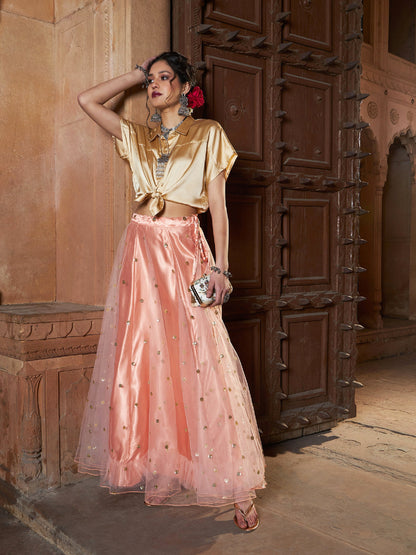 Women's Gold Satin Crop Shirt With Peach Tulle Sequin Skirt