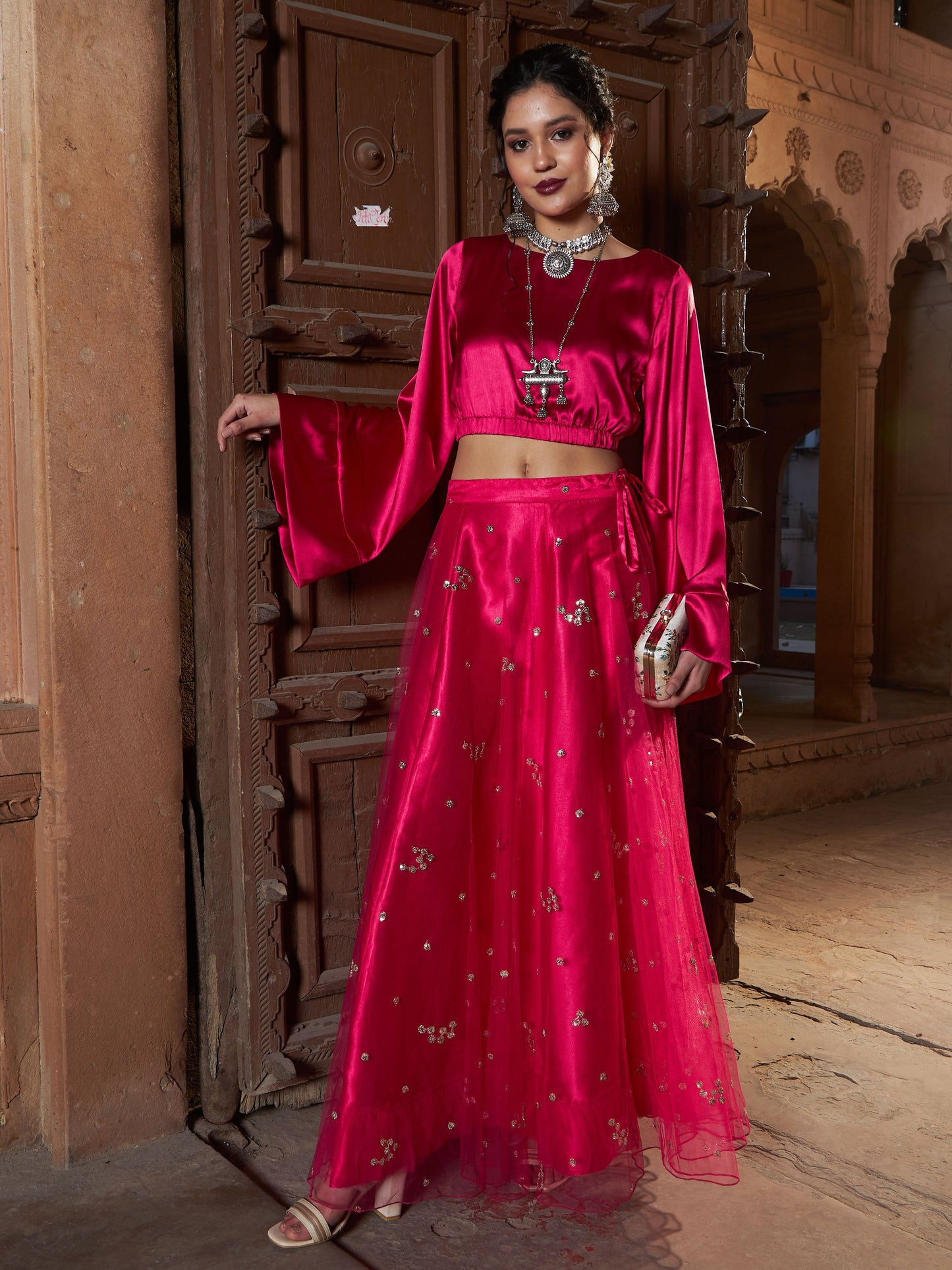 Women's Fuchsia Satin Crop Top With Tulle Sequin Skirt
