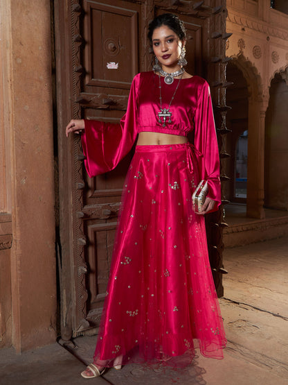 Women's Fuchsia Satin Crop Top With Tulle Sequin Skirt