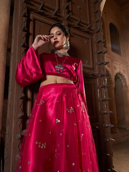 Women's Fuchsia Satin Crop Top With Tulle Sequin Skirt