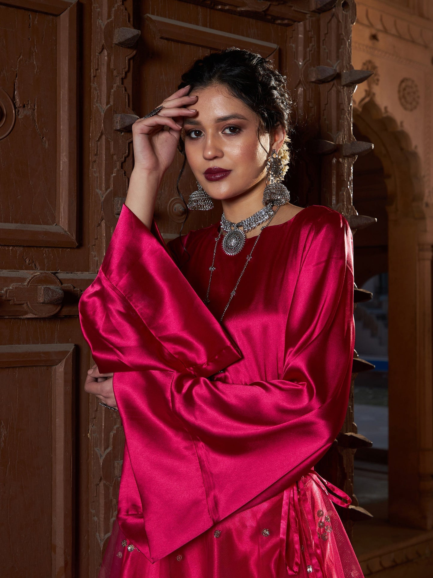 Women's Fuchsia Satin Crop Top With Tulle Sequin Skirt