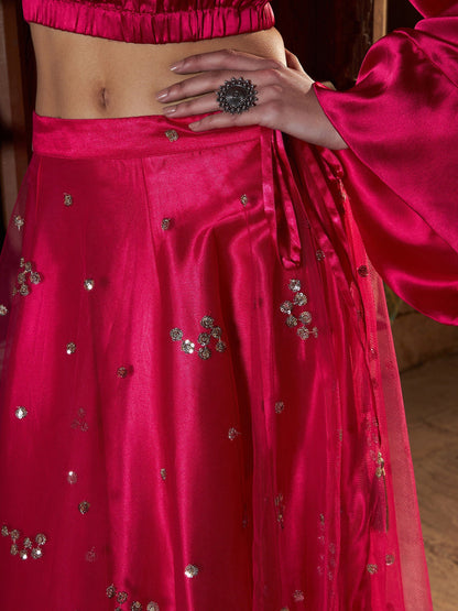 Women's Fuchsia Satin Crop Top With Tulle Sequin Skirt