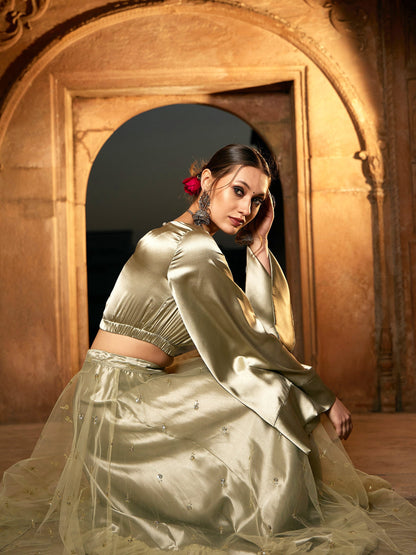 Women's Olive Satin Crop Top With Tulle Sequin Anarkali Skirt