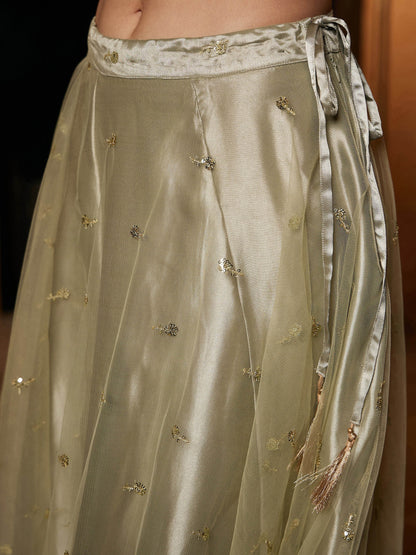 Women's Olive Satin Crop Top With Tulle Sequin Anarkali Skirt