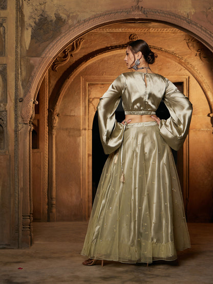 Women's Olive Satin Crop Top With Tulle Sequin Anarkali Skirt