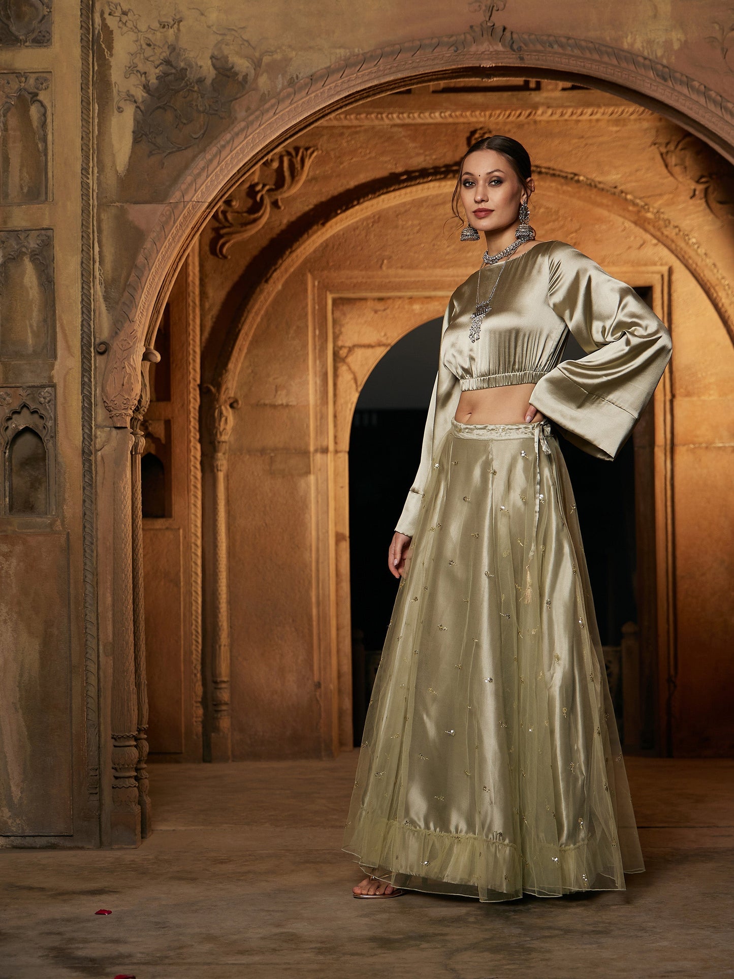 Women's Olive Satin Crop Top With Tulle Sequin Anarkali Skirt