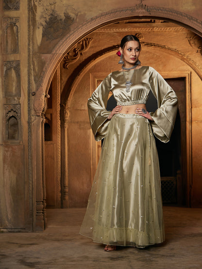 Women's Olive Satin Crop Top With Tulle Sequin Anarkali Skirt