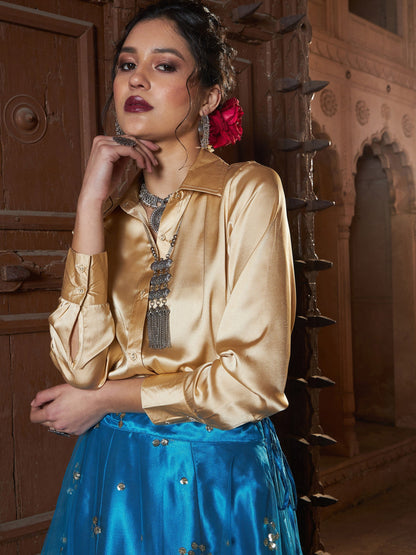 Women's Gold Satin Shirt With Teal Tulle Sequin Skirt