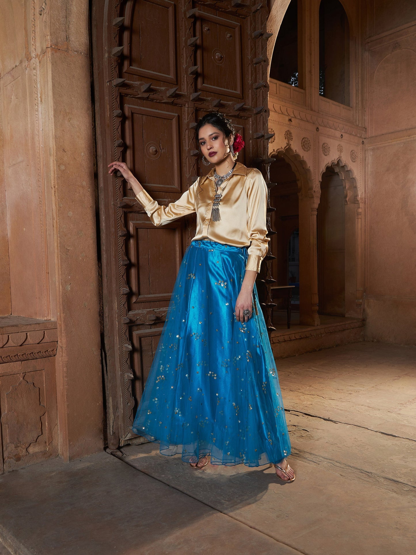 Women's Gold Satin Shirt With Teal Tulle Sequin Skirt