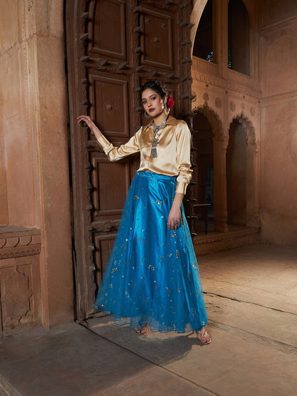 Women's Gold Satin Shirt With Teal Tulle Sequin Skirt