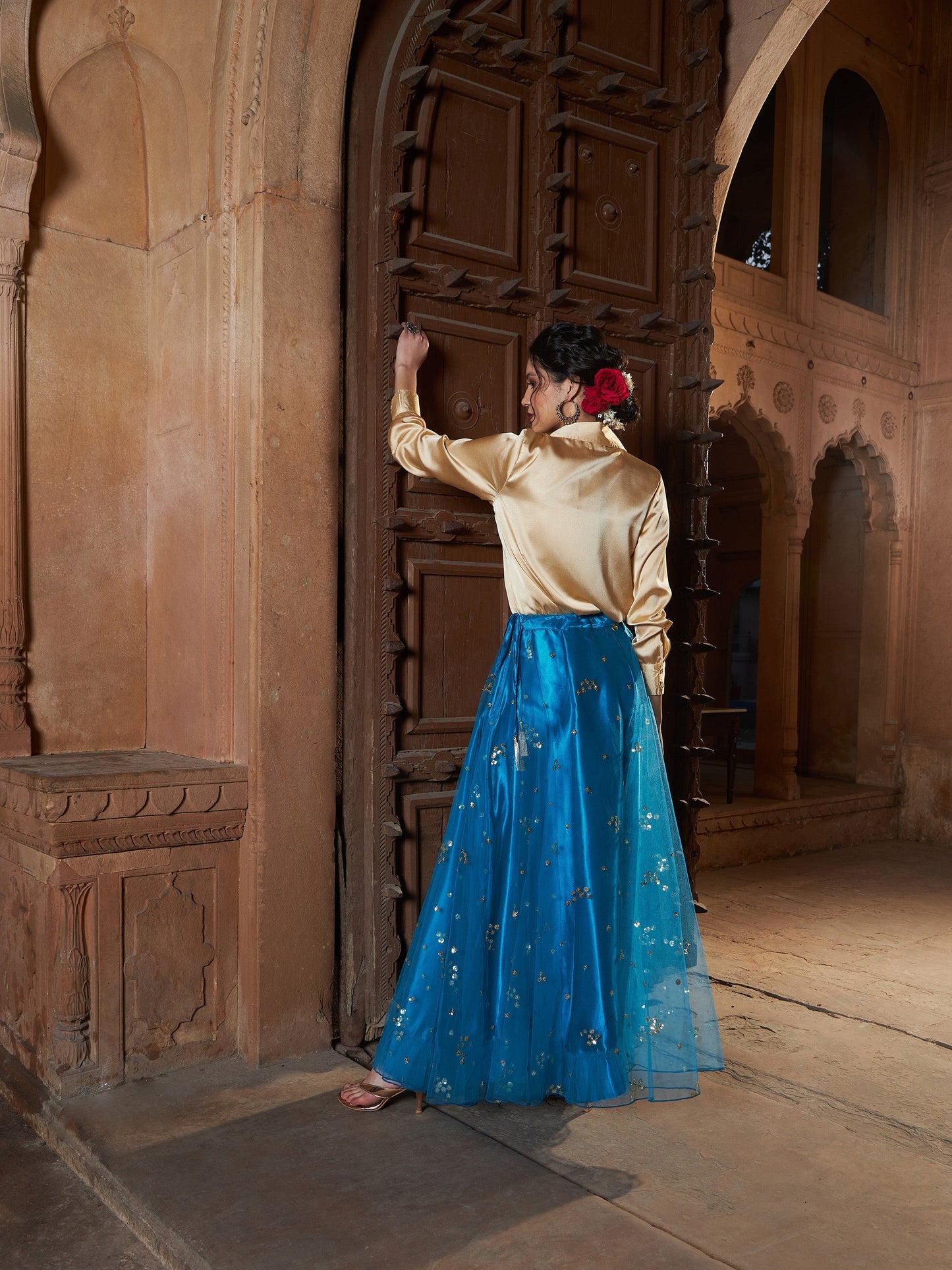Women's Gold Satin Shirt With Teal Tulle Sequin Skirt