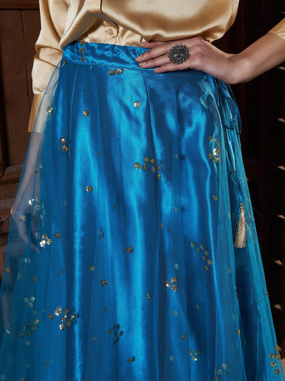 Women's Gold Satin Shirt With Teal Tulle Sequin Skirt