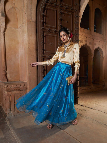 Women's Gold Satin Shirt With Teal Tulle Sequin Skirt