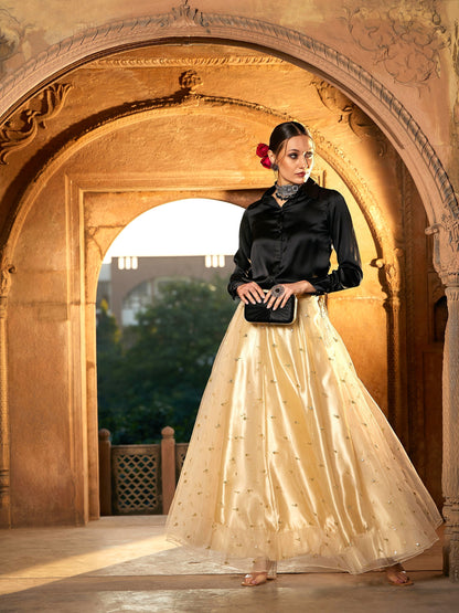 Women's Black Satin Shirt With Gold Tulle Sequin Skirt