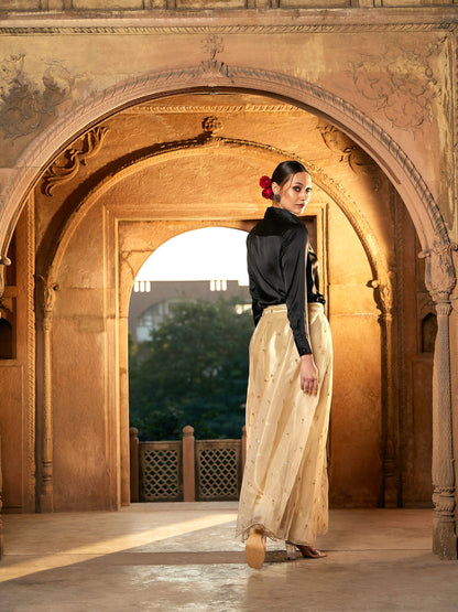 Women's Black Satin Shirt With Gold Tulle Sequin Skirt