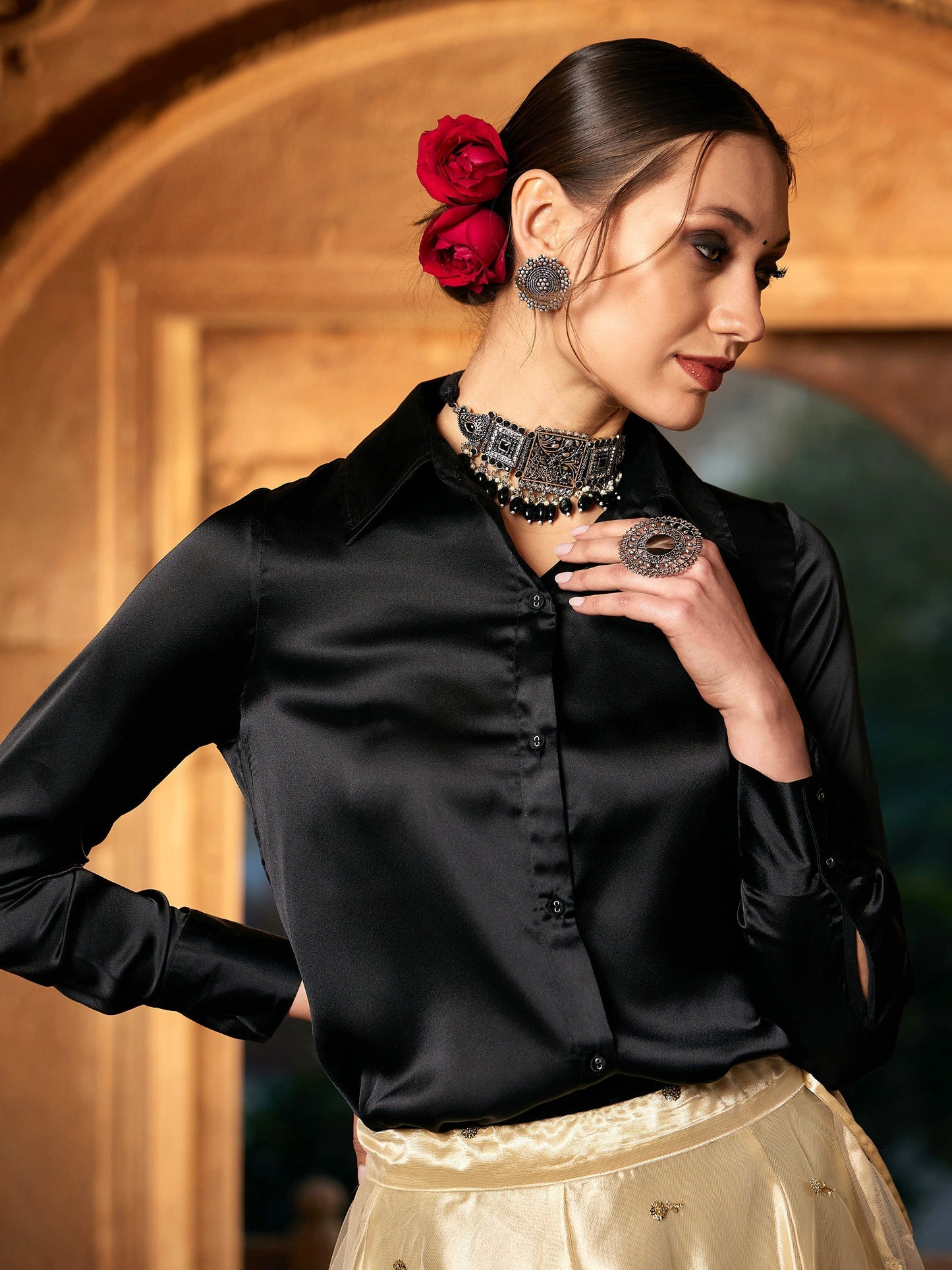 Women's Black Satin Shirt With Gold Tulle Sequin Skirt