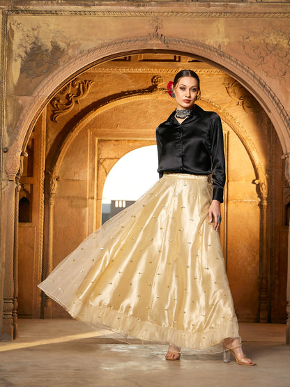 Women's Black Satin Shirt With Gold Tulle Sequin Skirt
