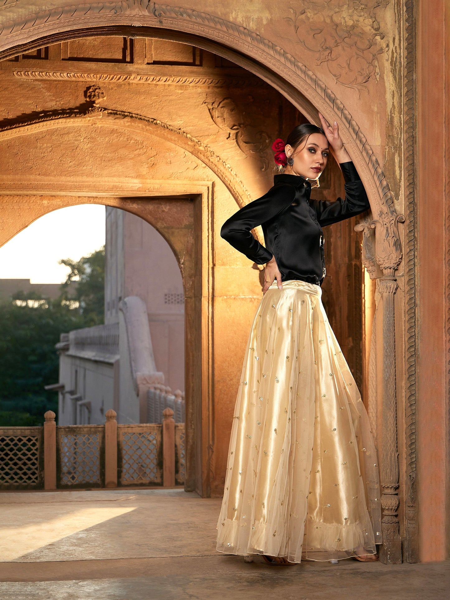 Women's Black Satin Shirt With Gold Tulle Sequin Skirt