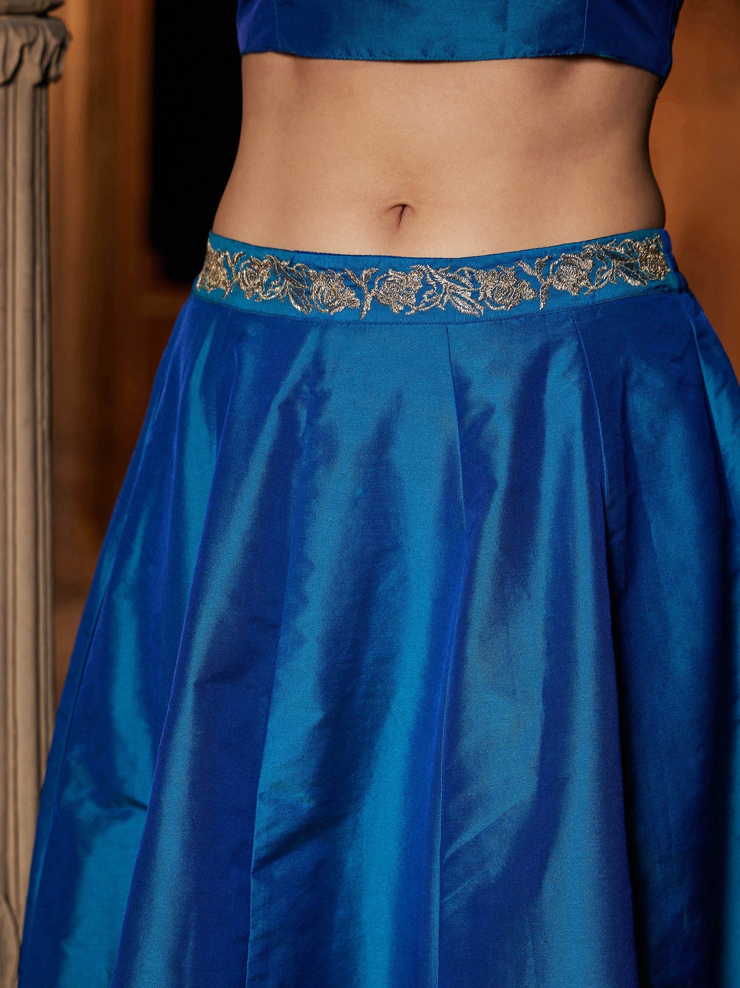 Women's Teal Ruffle Crop Top With Skirt