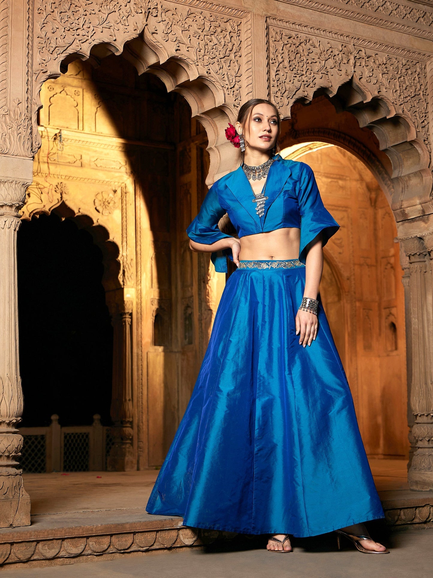 Women's Teal Notch Collar Crop Top With Skirt