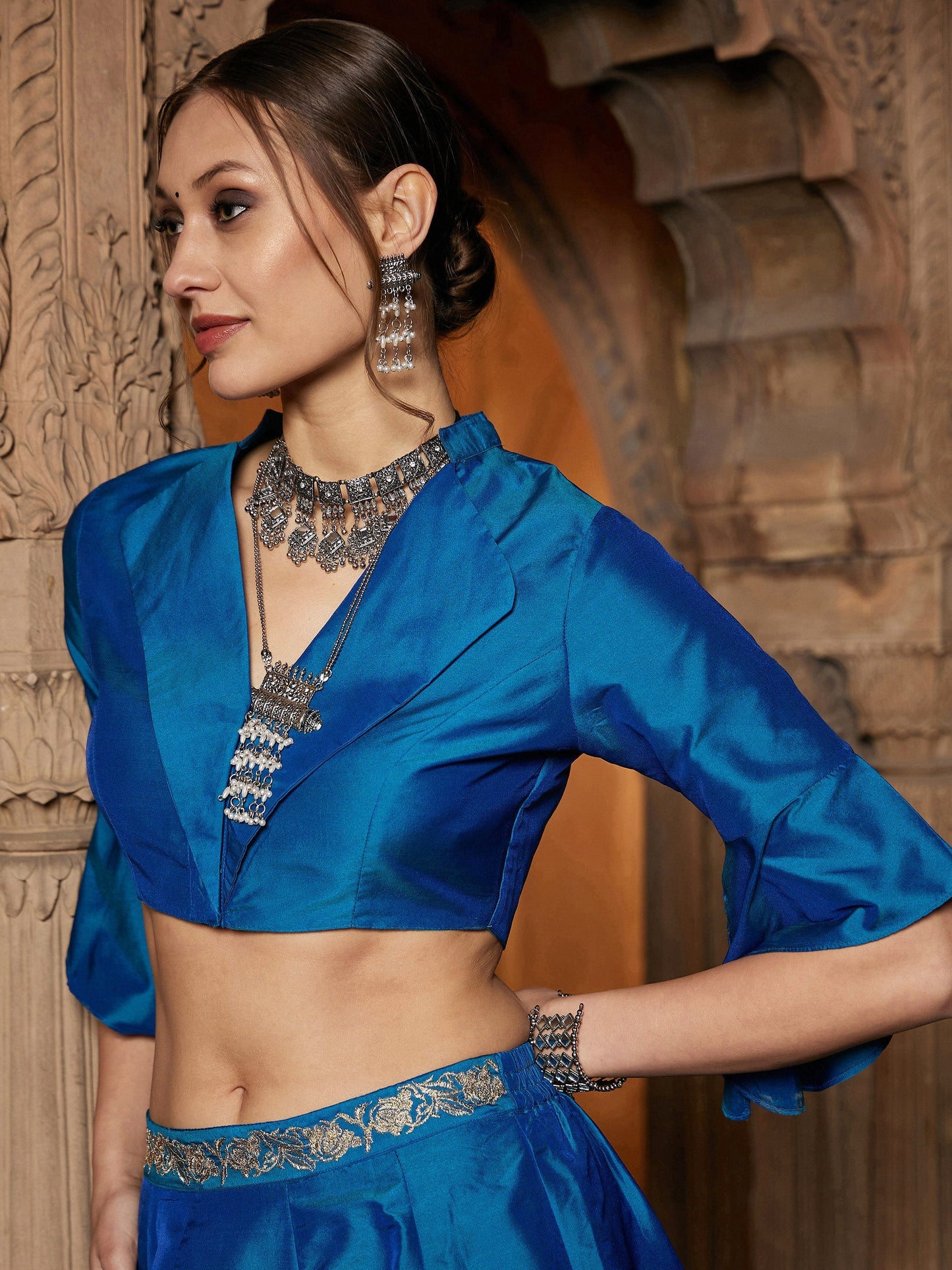 Women's Teal Notch Collar Crop Top With Skirt