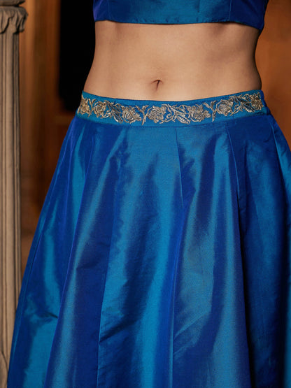 Women's Teal Notch Collar Crop Top With Skirt