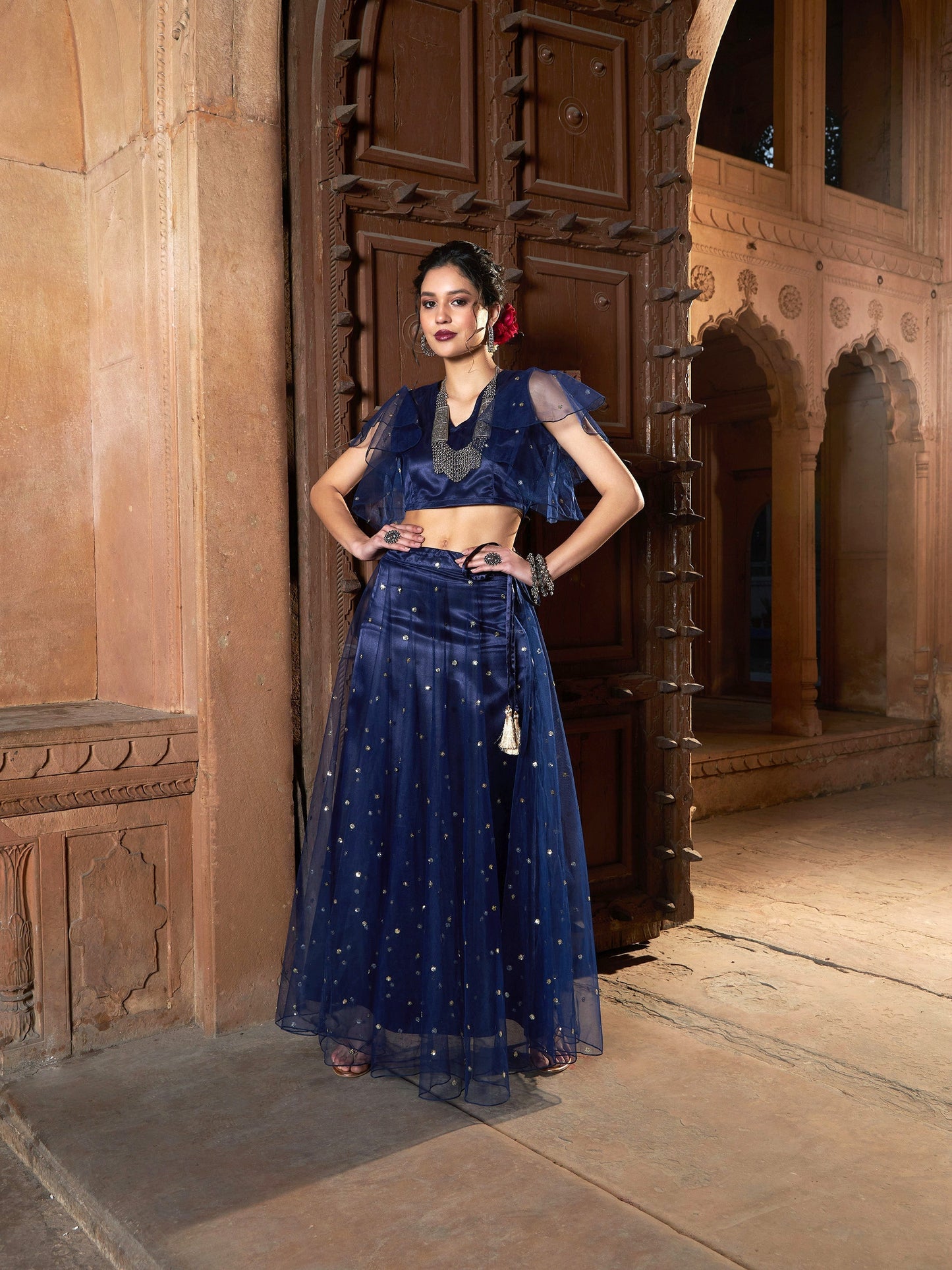Women's Navy Tulle Sequin Crop Top With Skirt