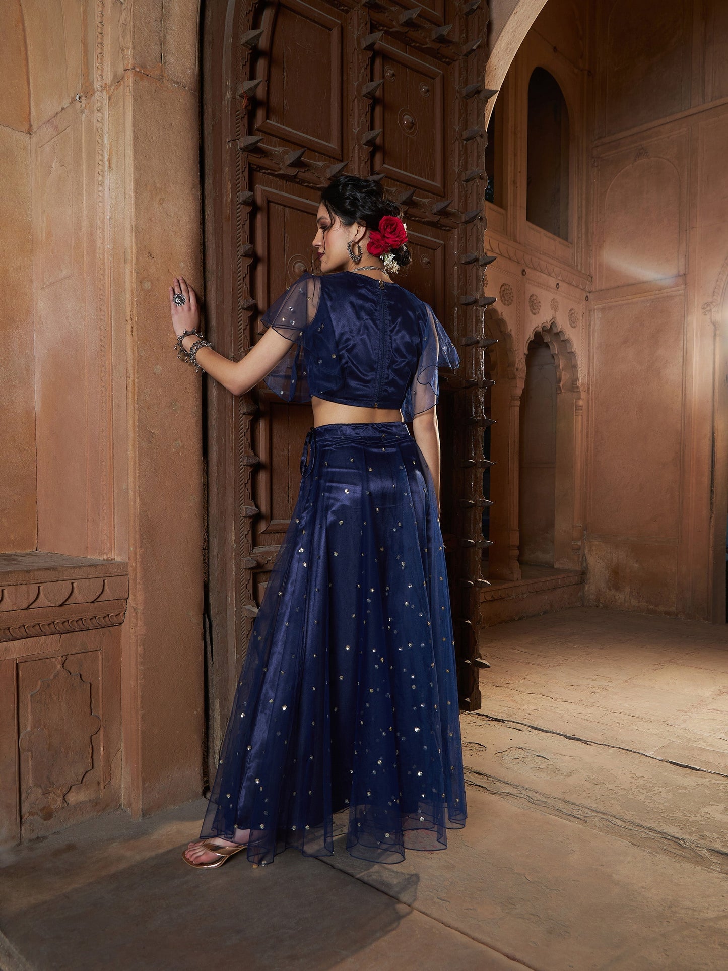 Women's Navy Tulle Sequin Crop Top With Skirt