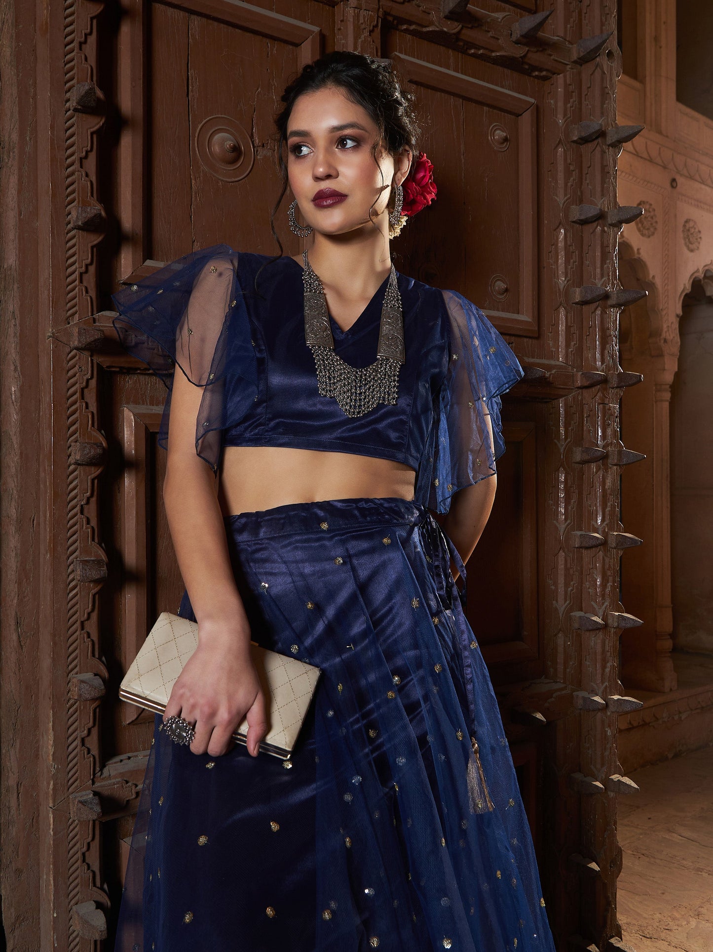 Women's Navy Tulle Sequin Crop Top With Skirt
