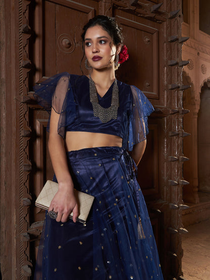 Women's Navy Tulle Sequin Crop Top With Skirt