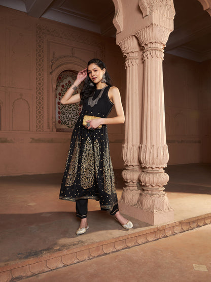 Women's Black Kali Foil Sleeveless Anarkali Kurta With Pants
