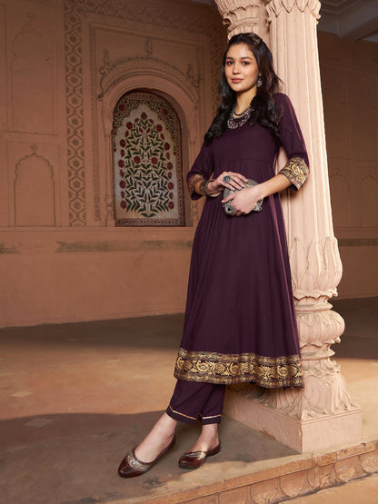 Women's Burgundy Floral Foil Border Anarkali Kurta With Pants