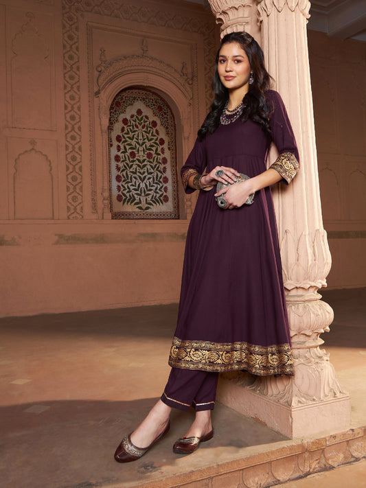 Women's Burgundy Floral Foil Border Anarkali Kurta With Pants