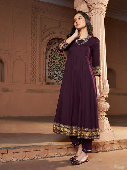Women's Burgundy Floral Foil Border Anarkali Kurta With Pants