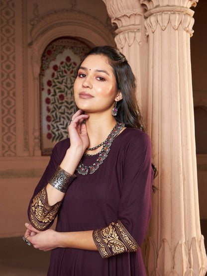 Women's Burgundy Floral Foil Border Anarkali Kurta With Pants